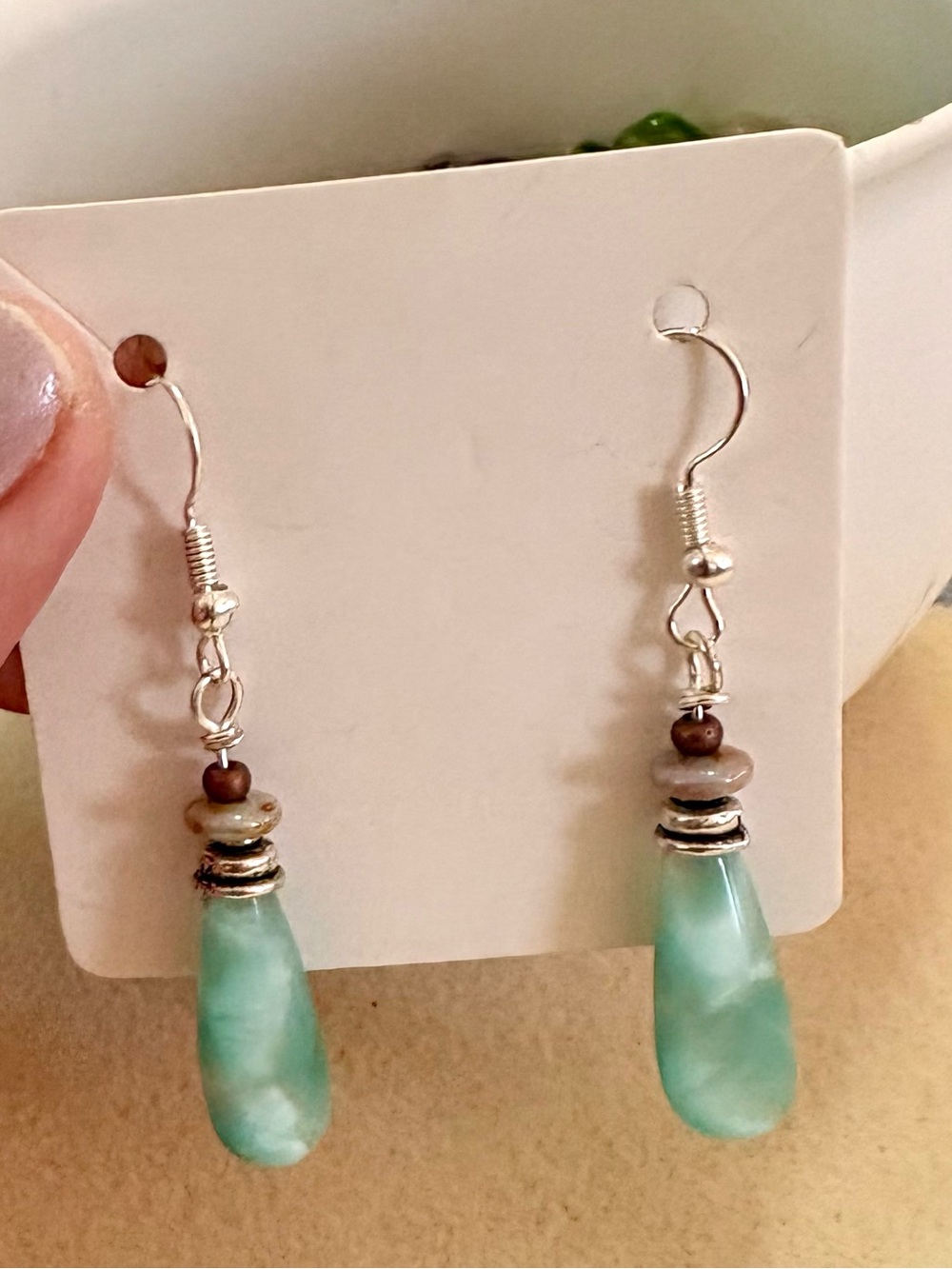 Rare Russian  Green Moonstone Teardrop Dangle Earrings